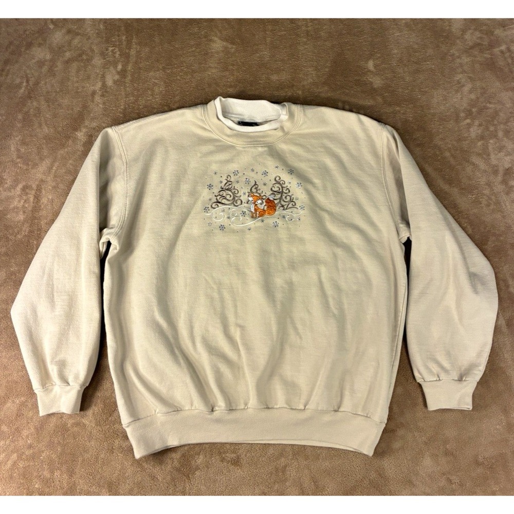 VTG Trinity by Morning Sun Women Sweatshirt XL Beige Crewneck Fleece Fox Graphic